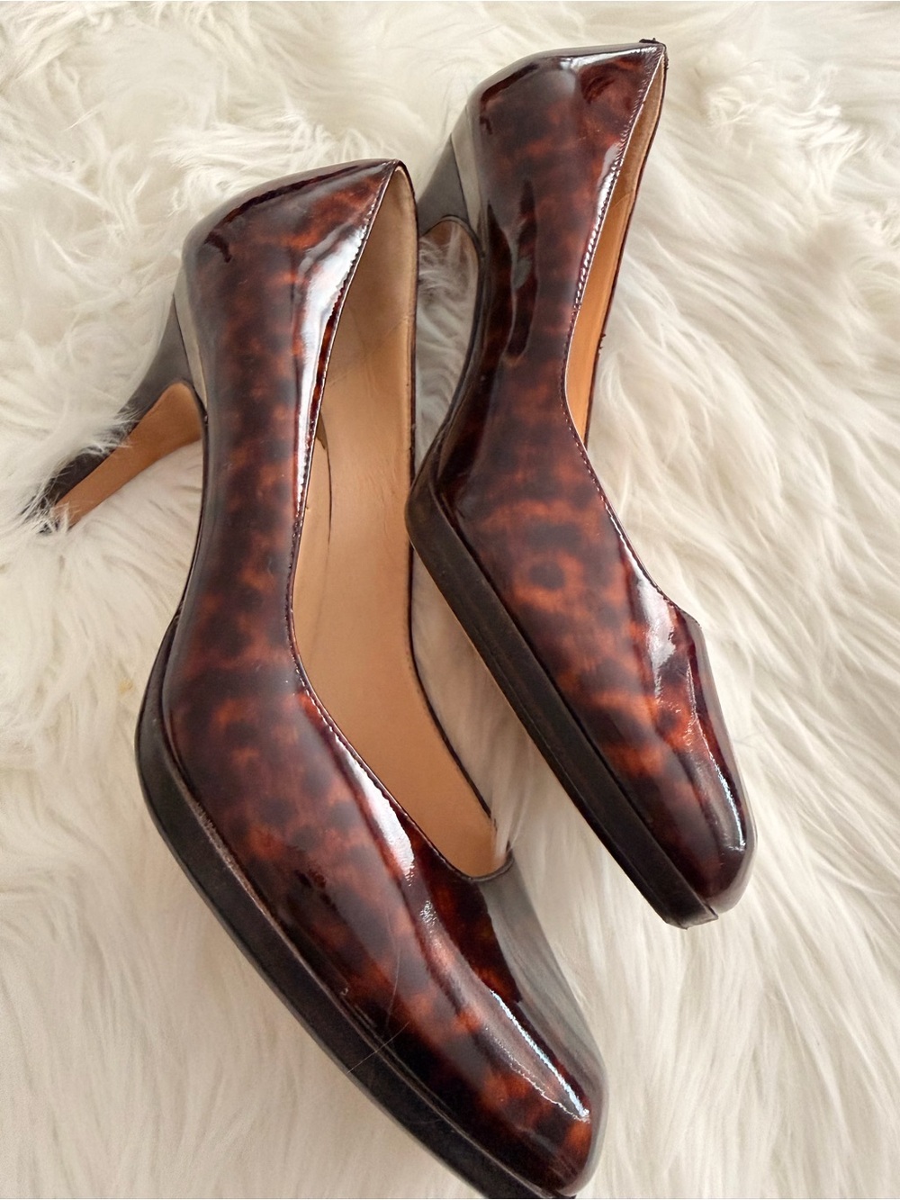 Cole Haan Tortoiseshell Patent Brown Semi-Square Toe Heels